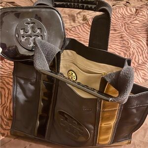 Tory Burch Black Nylon & Patent Leather Messenger Tote w/Cosmetic Case